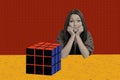 Rubik cube photo collage jigsaw just done by combination puzzle dilemma of young funny girl isolated over red color Royalty Free Stock Photo