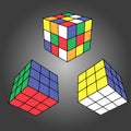 Rubik`s cube in different positions realistically isolated. Editorial isometric illustration. Rubik`s Cube is a combined 3D puzz