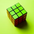 Rubik`s cube green side on a table with black shadow