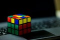 Rubik`s cube on laptop. techincal and business solving problem Royalty Free Stock Photo