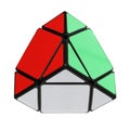 Rubik`s pyramid looking cube called pyraminx usg cube called pyraminx used for speedsolving. Nostalgic and retro toy from the 80`s Royalty Free Stock Photo