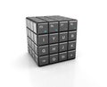 Rubik& x27;s cube with keyboard buttons, 3d illustration