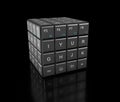 Rubik& x27;s cube with keyboard buttons, 3d illustration