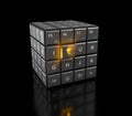 Rubik& x27;s cube with keyboard buttons and rays from bulb button, 3d illustration