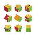 Rubiks cube isometric set. Color puzzle for development logic entertainment cubic face blocks different stages solving