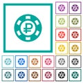 Ruble casino chip flat color icons with quadrant frames