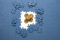 ruble coins hidden under puzzle pieces, frozen foreign exchange reserves, seized assets of Russians, confiscation of bank deposits Royalty Free Stock Photo