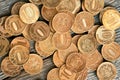 Ruble coins on a wooden background, inflation and devaluation in money, anti-Russian sanctions, global financial crisis