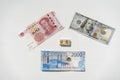 Ruble, Dollar and Yuan banknotes. Confrontation of three currencies Royalty Free Stock Photo