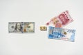 Ruble, Dollar and Yuan banknotes. Confrontation of three currencies Royalty Free Stock Photo