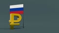 Ruble symbol in front of the Russian flag on a neutral gray background with space for text and logo.