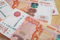 5000 rubles background. Russian banknotes at different angles. Royalty Free Stock Photo