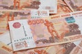 5000 rubles background. Russian banknotes at different angles. Royalty Free Stock Photo