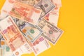 rubles lying on american dollars as a symbol of weakness russian national currency and strengthening of american dollar
