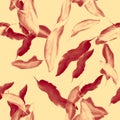 Ruby Banana Jungle. Rusty Seamless Design. Red Tropical Plant. Coral Pattern Background. Watercolor Background. Floral Leaf. Summe