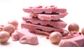 Ruby chocolate close up on white background.