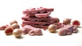Ruby chocolate macro close up on white background with negative copy space.