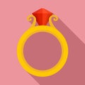 Ruby gold ring icon, flat style