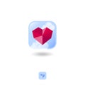 Ruby heart icon. Faceted red crystal like heart on a blue sky with clouds.
