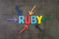 Ruby modern programming language for software development or application concept, multi color arrows pointing to the word Ruby at