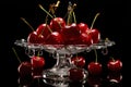 Ruby red cherries clustered on a crystal platter, drops of water. AI Generated