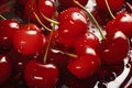 Ruby red cherries clustered on a crystal platter, drops of water. AI Generated