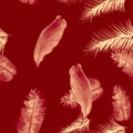 Ruby Seamless Botanical. Coral Pattern Textile. Scarlet Tropical Background. Brown Banana Leaves. Pink Drawing Painting.