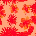Ruby Seamless Botanical. Red Pattern Plant. Coral Tropical Leaf. Pink Flower Plant. Scarlet Spring Leaves.