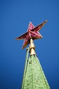 Ruby star of Spassky tower on the dark blue sky