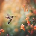 Ruby-throated Hummingbird (archilochus colubris) in flight with orange flowers in the background