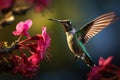 Ruby-throated Hummingbird in flight with flowers in the background, bird adult male hovering and sipping nectar, AI Royalty Free Stock Photo