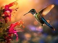 Colorful photo of a glittering hummingbird with gold throat hovering underneath a Monkeybrush flower