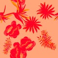 Ruby Tropical Exotic. Scarlet Seamless Leaf. Red Pattern Exotic. Coral Flower Illustration. Pink Drawing Leaves.