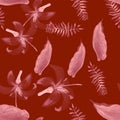 Ruby Tropical Leaves. Coral Seamless Palm. Pink Pattern Leaf. Scarlet Isolated Hibiscus. Garden Botanical. Flora Plant.