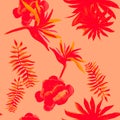 Ruby Tropical Plant. Pink Seamless Textile. Scarlet Pattern Art. Coral Flower Foliage. Red Drawing Vintage.