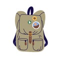 Rucksack, travel backpack. Packed tourists bag, knapsack for trekking, hiking. Touristic luggage, haversack with sticker