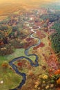 Ruda river in Poland. Top down. Autumn