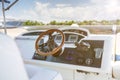 Rudder and controls of the yacht close-up.Steering wheel on yacht.