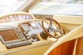 Rudder and controls of the yacht close-up.Steering wheel on yacht.