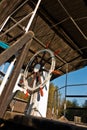 Rudder wheel of a ship on a sunny morning at protected natural swamp area of Carska bara