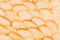 Ruddy croutons of white dry bread as background, closeup. Snacks and fast food backdrop.