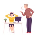 Rude Boss Yelling to Office Worker, Stressful Working Environment Flat Vector Illustration