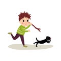Rude boy running after cat with stick in his hand, cartoon bad kid character