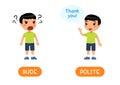 RUDE and POLITE antonyms word card, Opposites concept. Flashcard for English language learning.