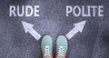 Rude and polite as different choices in life - pictured as words Rude, polite on a road to symbolize making decision and picking