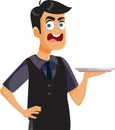 Rude Waiter Screaming Holding an Empty Tray Vector Cartoon Illustration