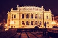Rudolfinum - Czech philharmonic in Prague, Czech republic. Night scene. Travel destination. Architectural scene. Red photo filter