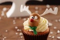 Rudolph reindeer cupcake on Christmas background