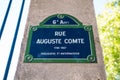 Rue Auguste Comte street plate, Paris, France Royalty Free Stock Photo