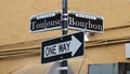 Rue Toulouse and Rue Bourbon corner in New Orleans Royalty Free Stock Photo